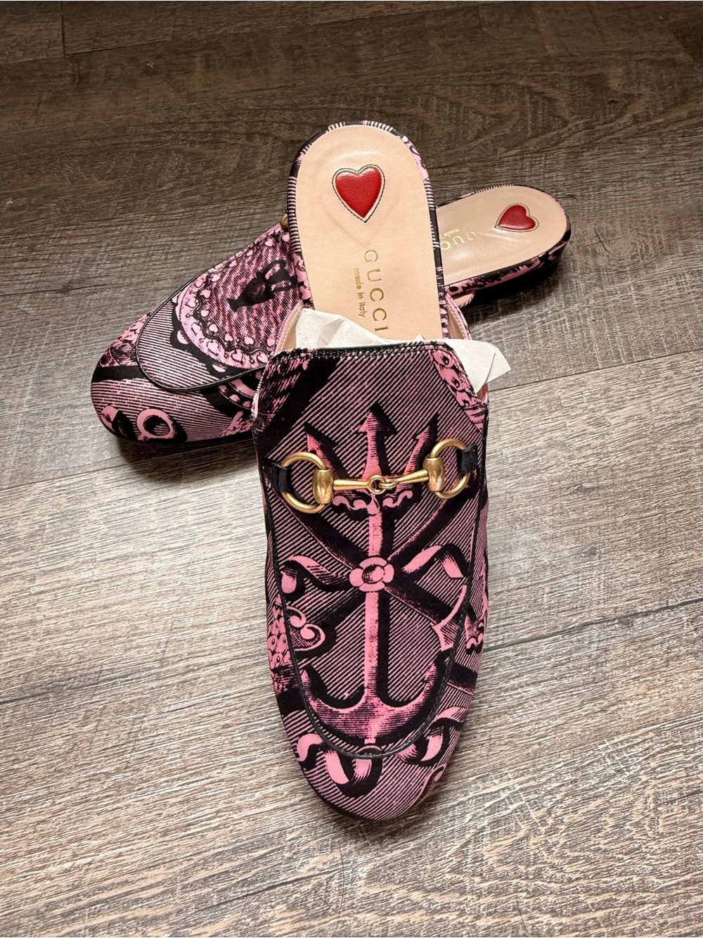 Gucci Pink and Black Printed Leather Horsebit Mules US7 EU37 - Picture 2 of 11